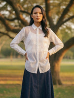 Load image into Gallery viewer, White summer shirt with relaxed fit and navy wide-leg trousers, comfortable office to vacation style.