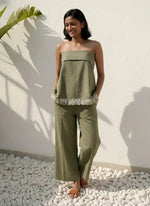Load image into Gallery viewer, Olive green co-ord set for women styled with tan slides – strapless poplin summer outfit for vacations and brunch