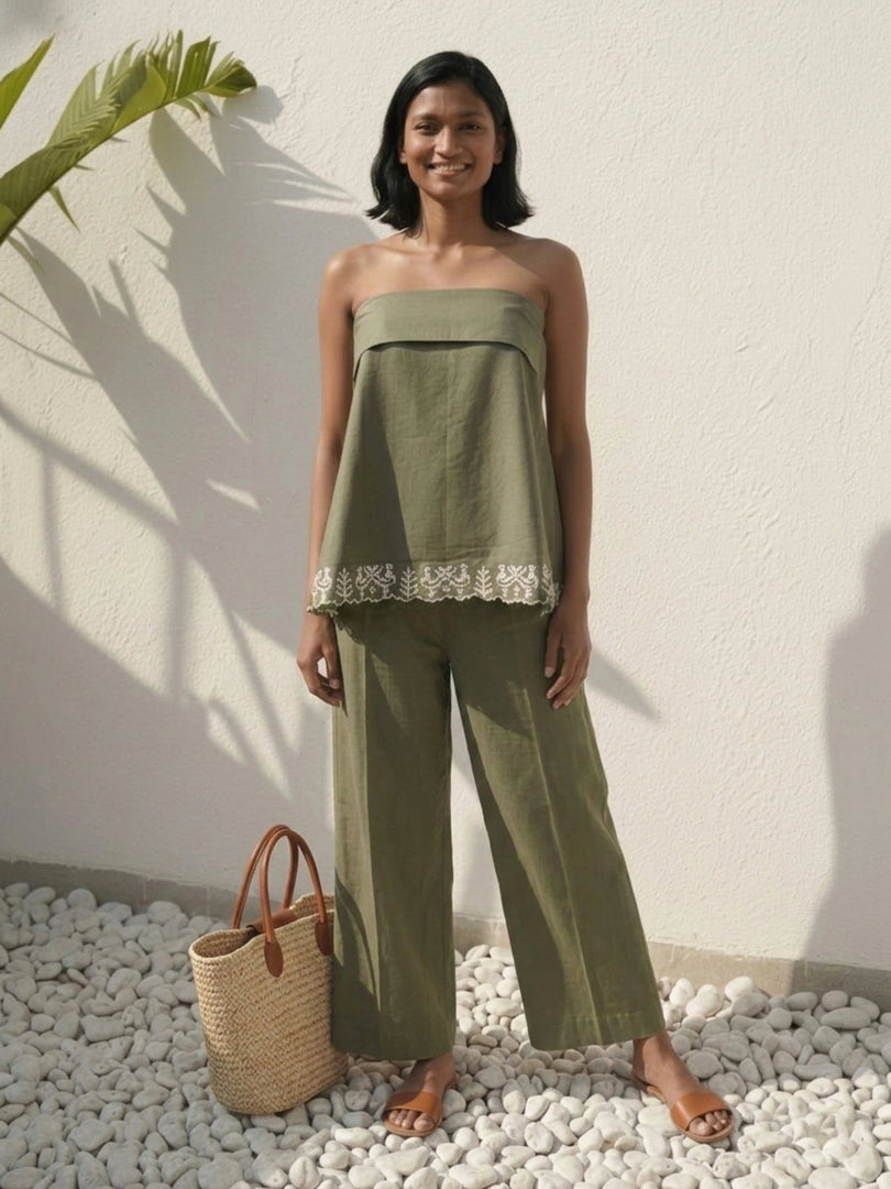 Model wearing Amare Tube Set olive green co-ord set – breathable strapless poplin top and relaxed pants