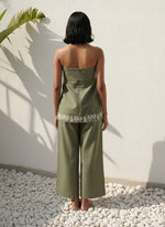Load image into Gallery viewer, Back view of olive green two-piece co-ord set for women – strapless poplin summer outfit with relaxed silhouette