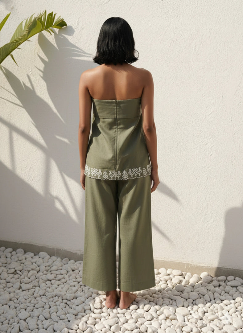 Back view of olive green two-piece co-ord set for women – strapless poplin summer outfit with relaxed silhouette