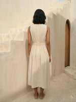 Load image into Gallery viewer, Back view of Celia Linen Midi cream dress – structured linen sleeveless A-line dress for casual and semi-formal day events