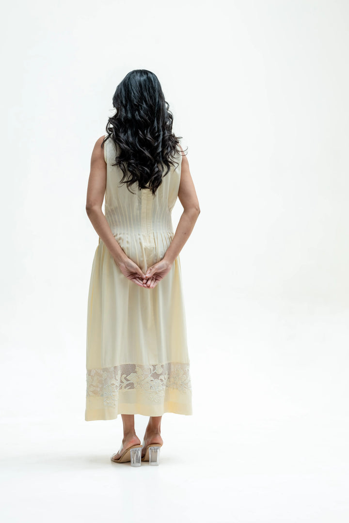 Noura Butter Yellow Tencel Openwork Dress