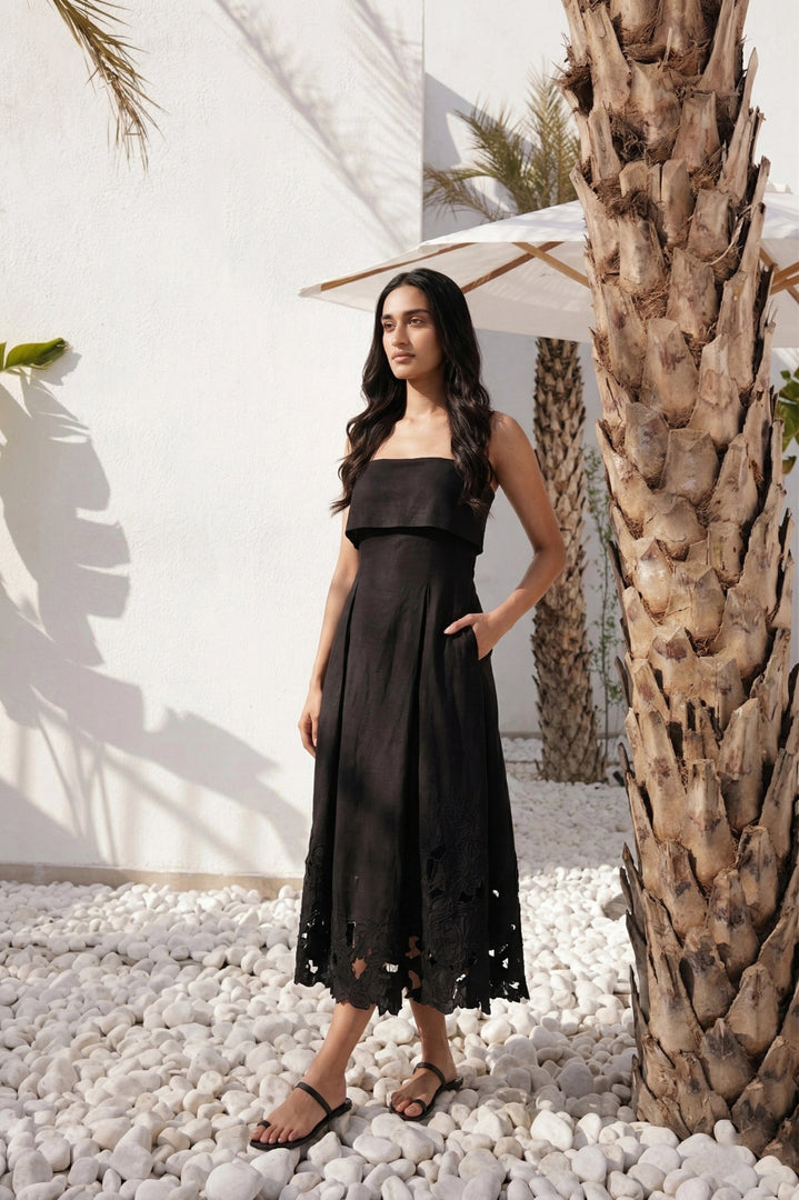 Black Linen Embroidered Midi Dress | 3D Embroidery | The Bloome Collective Black Linen Embroidered Midi Dress | 3D Embroidery | The Bloome Collective