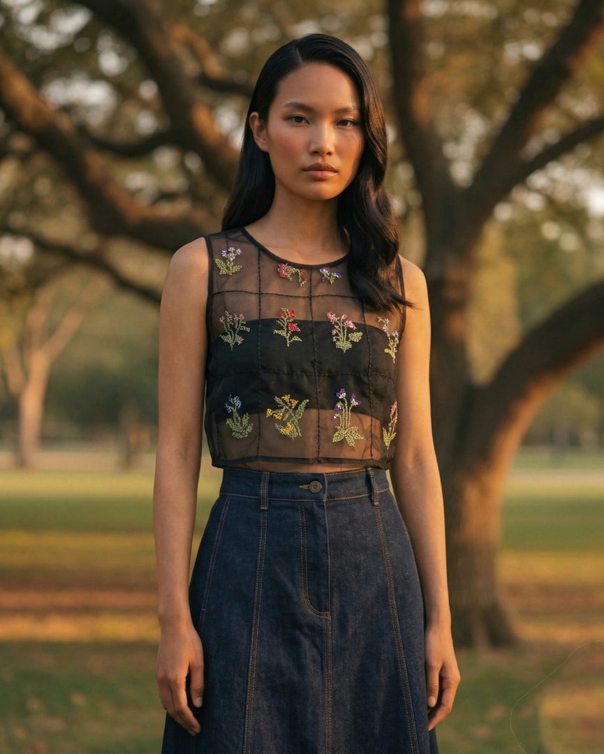 Premium organza embroidered top close-up showcasing intricate detailing. Fine craftsmanship with a lightweight texture that enhances the overall look.
