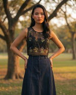 Load image into Gallery viewer, Black organza embroidered top for women front view with elegant silhouette and sheer detailing