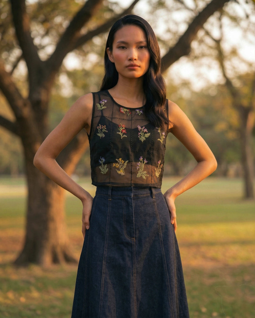 Black organza embroidered top for women front view with elegant silhouette and sheer detailing