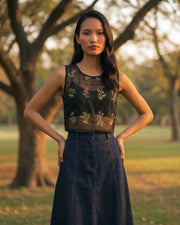 Black organza embroidered top for women front view with elegant silhouette and sheer detailing